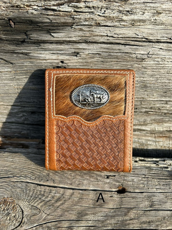 This Brown basketweave leather bifold wallet features a cowhide inlay with a Praying Cowboy Concho. Front View A