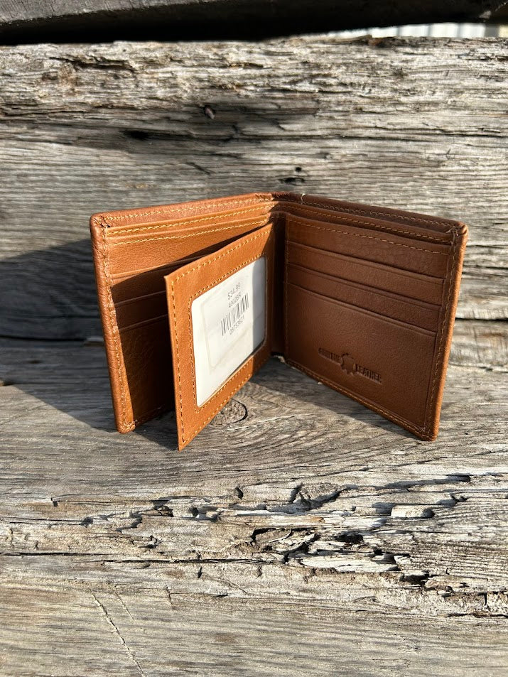 This Brown basketweave leather bifold wallet features a cowhide inlay with a Praying Cowboy Concho. Inside view showing multiple card slots and a dual ID window. 