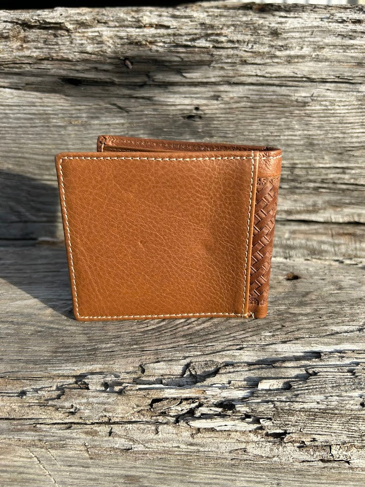 This Brown basketweave leather bifold wallet features a cowhide inlay with a Praying Cowboy Concho. Rear View