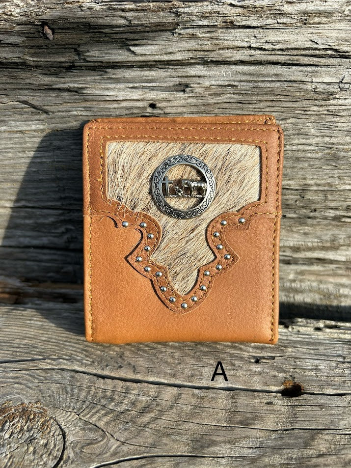 This Brown leather bifold wallet features a cowhide inlay with a Praying Cowboy Concho.  Front View A