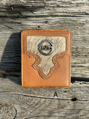 This Brown leather bifold wallet features a cowhide inlay with a Praying Cowboy Concho.  Front View A