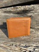 This Brown leather bifold wallet features a cowhide inlay with a Praying Cowboy Concho.  Rear view showing additional slot. 