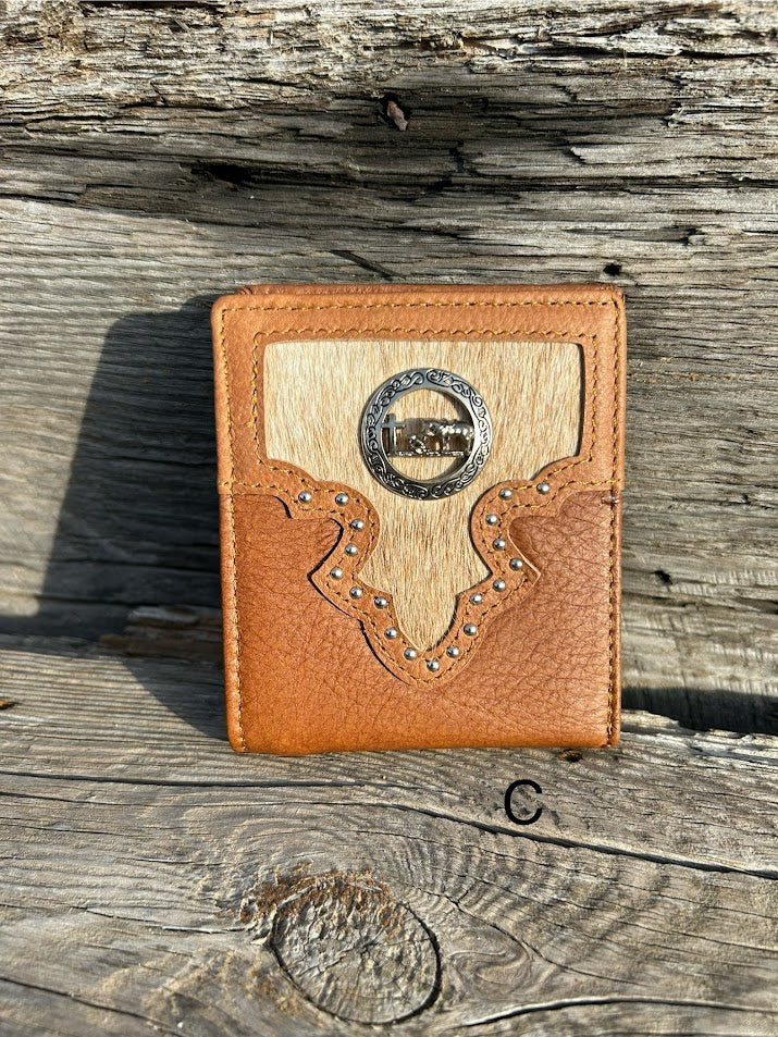 This Brown leather bifold wallet features a cowhide inlay with a Praying Cowboy Concho.  Front View C