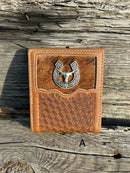 This Brown Basketweave bifold wallet features a Longhorn Concho over a cowhide inlay.  Front View A
