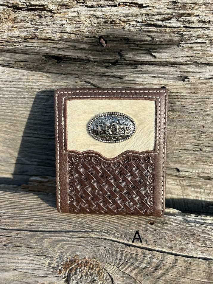 This Coffee Brown basketweave leather wallet has a cowhide inlay featuring a Praying Cowboy Concho. Front View A