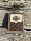 This Coffee Brown basketweave leather wallet has a cowhide inlay featuring a Praying Cowboy Concho. Front View A