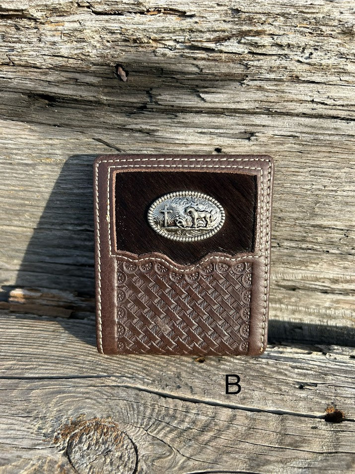 This Coffee Brown basketweave leather wallet has a cowhide inlay featuring a Praying Cowboy Concho.  Front View B