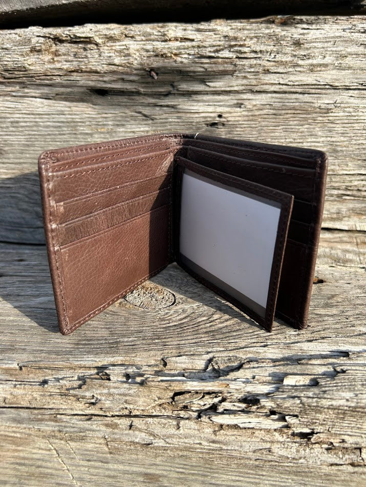This Coffee Brown basketweave leather wallet has a cowhide inlay featuring a Praying Cowboy Concho. Inside view showing multiple cards slots and a dual ID window.