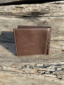 This Coffee Brown basketweave leather wallet has a cowhide inlay featuring a Praying Cowboy Concho. Rear View