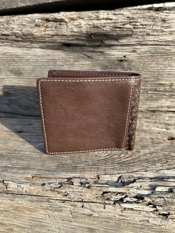 This Coffee Brown basketweave leather wallet has a cowhide inlay featuring a Praying Cowboy Concho. Rear View
