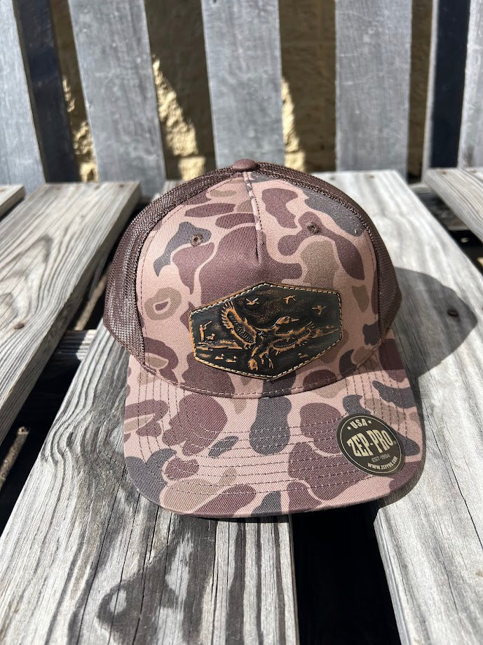 Zep-Pro Old School Bark Duck Camo Leather Mallard Patch Richardson 112 Cap Brown hand burnished leather design Richardson 112 Snapback Trucker Hat Front view