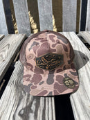 Old School Bark Duck Camo Leather Mallard Patch Richardson 112 Cap Brown hand burnished leather design
Richardson 112 Snapback Trucker Hat Front view