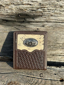 This Coffee Brown basketweave leather wallet has a cowhide inlay featuring a Praying Cowboy Concho. Front View C
