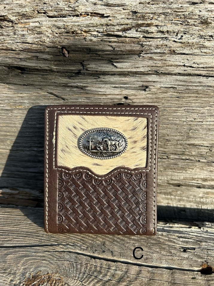 This Coffee Brown basketweave leather wallet has a cowhide inlay featuring a Praying Cowboy Concho. Front View C