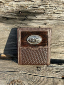 This Coffee Brown basketweave leather wallet has a cowhide inlay featuring a Praying Cowboy Concho. Front View D