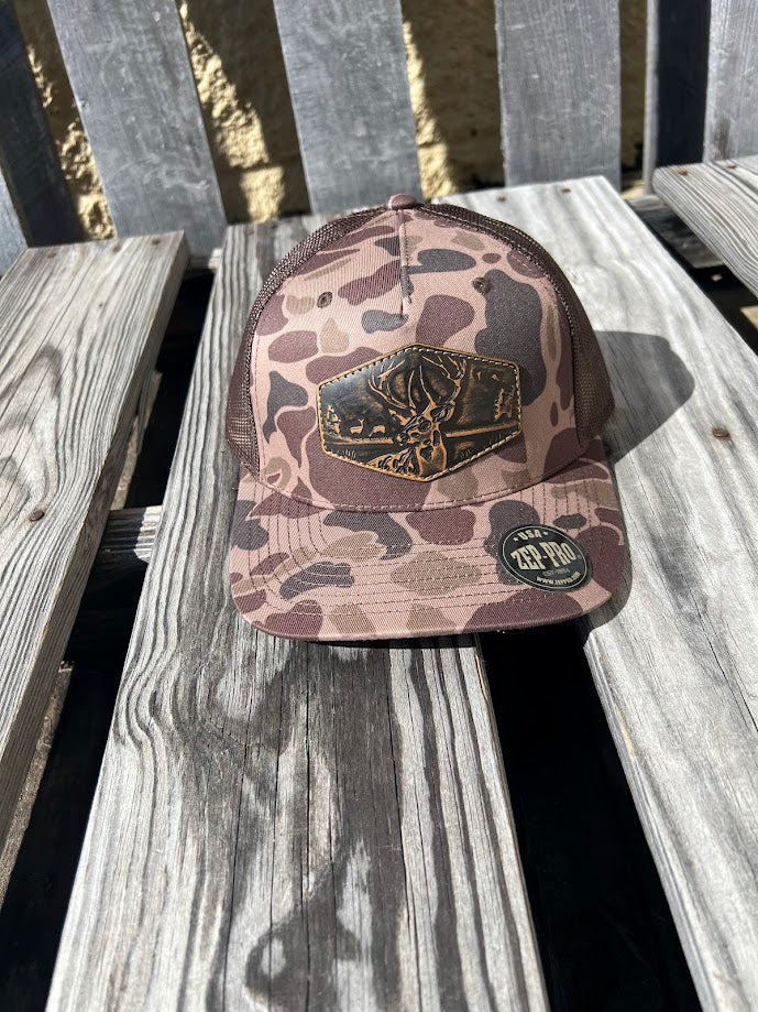 Old School Brown Camo Leather Buck Patch Richardson 112 Cap