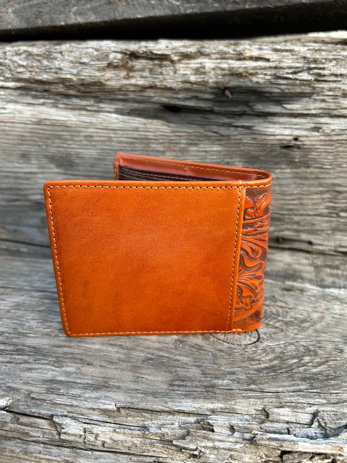 This Light Brown leather bifold wallet features a intricate tooled pattern over a  Beige inlay. Rear view