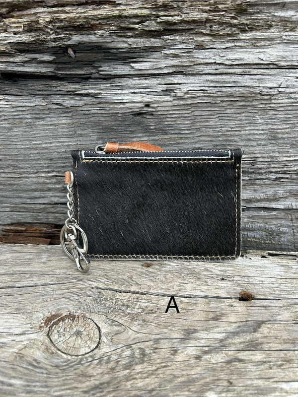 Black leather cowhide keychain wallet. Front View A