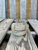 Kids White Bling Belt. Made with genuine leather and adorned with rhinestones.