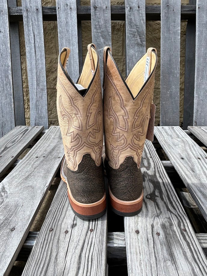 Men's Anderson Bean brown Safari Cape Buffalo cowboy boots with a square toe. These boots have a bone Mad Dog shaft which is 12". Rear view