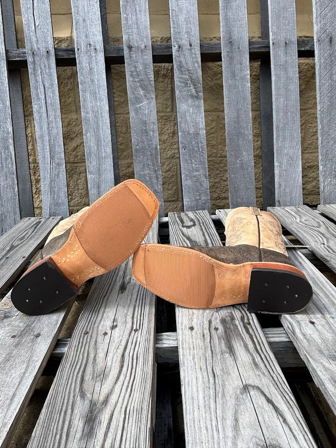 Men's Anderson Bean brown Safari Cape Buffalo cowboy boots with a square toe. These boots have a bone Mad Dog shaft which is 12". Bottom view showing hybrid outsole. 