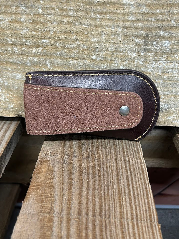 Coffee Brown leather knife sheath. Rear view showing belt loop.