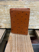 Ostrich print brown leather trifold wallet from Top Notch Accessories.  Front View