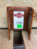 Ostrich print brown leather trifold wallet from Top Notch Accessories. Inside view showing multiple card slots and a ID window. 