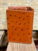 Ostrich print brown leather trifold wallet from Top Notch Accessories. Rear View