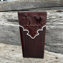 Coffee Brown basketweave leather tall wallet with embossed Praying Cowboy design. Front View