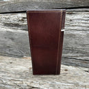 Coffee Brown basketweave leather tall wallet with embossed Praying Cowboy design.  Rear View