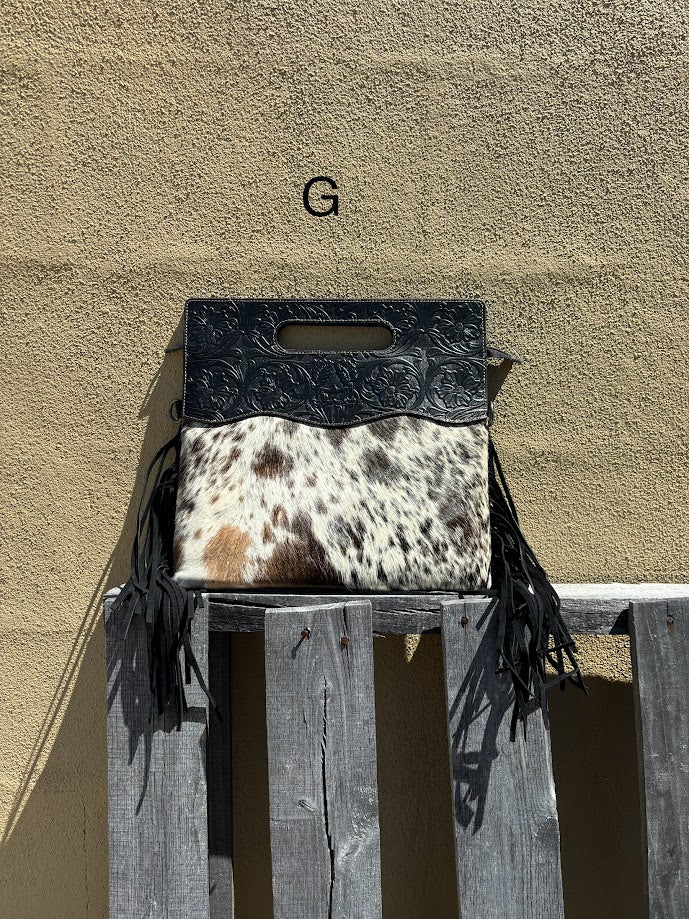Black tooled leather and cowhide fringe bag. Front View G