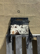 Black tooled leather and cowhide fringe bag. Front View G
