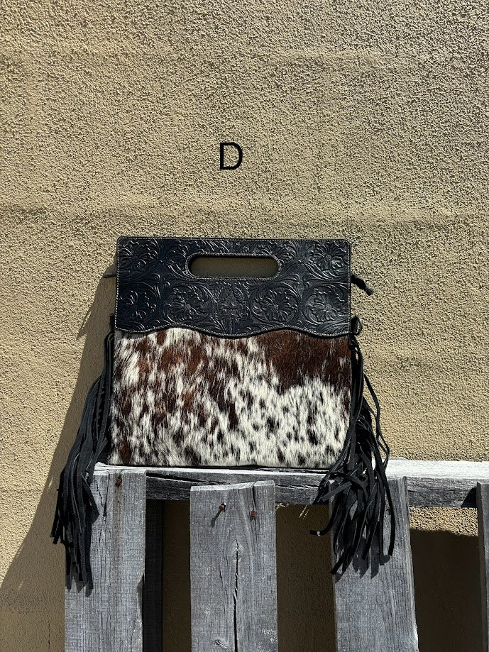 Black tooled leather and cowhide fringe bag. Front View D