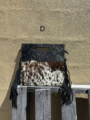 Black tooled leather and cowhide fringe bag. Front View D