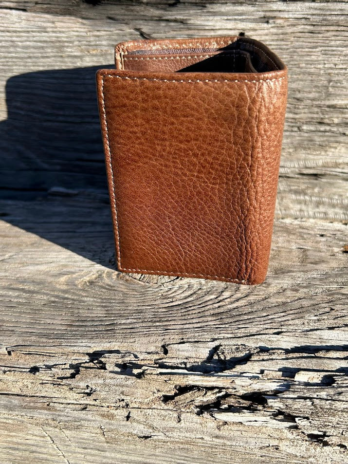 Top Notch Accessories Coffee Brown leather trifold wallet.  Rear View 