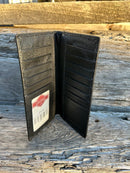 Black leather tall wallet. Inside view showing multiple card slots and a ID window. 