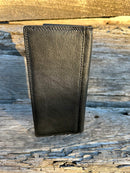 Black leather tall wallet. Rear View