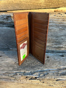 Coffee Brown tall leather wallet. Inside view showing multiple card slots and a ID window. 