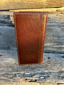 Coffee Brown tall leather wallet. Rear View 