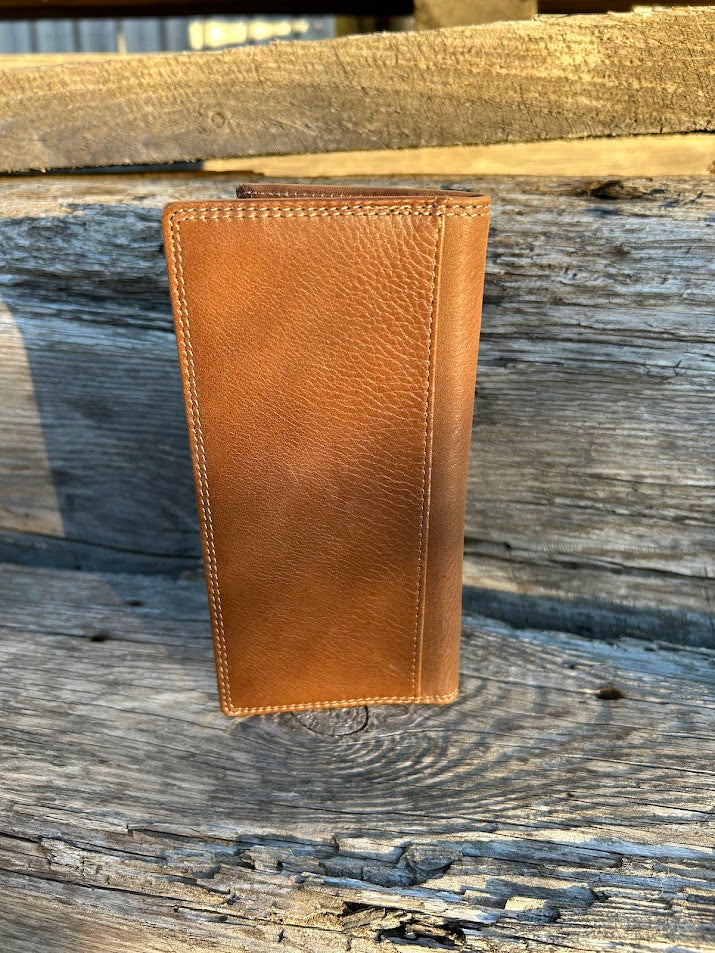 Brown leather tall wallet. Rear View