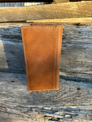 Brown leather tall wallet. Rear View
