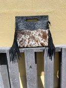 Black tooled leather and cowhide fringe bag. Front View A