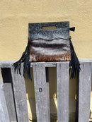 Black tooled leather and cowhide fringe bag. Front View B