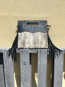 Black tooled leather and cowhide fringe bag. Front View C