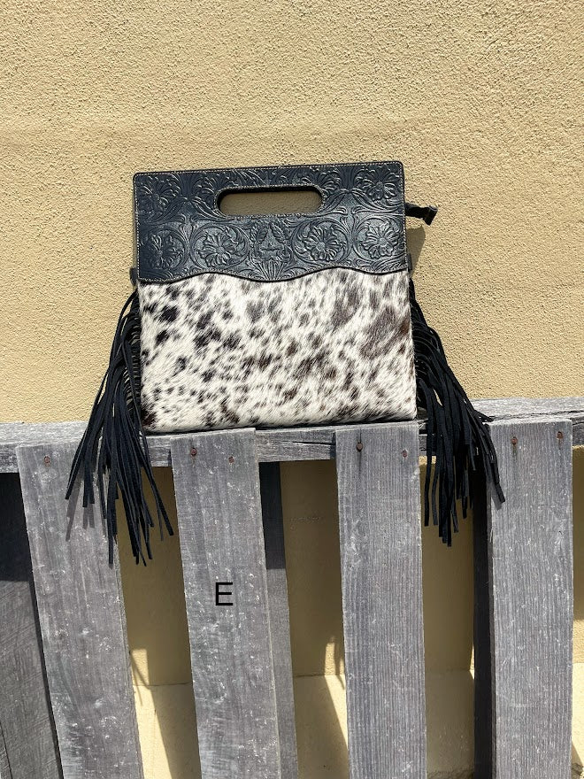 Black tooled leather and cowhide fringe bag. Front View E