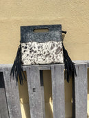 Black tooled leather and cowhide fringe bag. Front View E