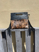 Black tooled leather and cowhide fringe bag. Front View F