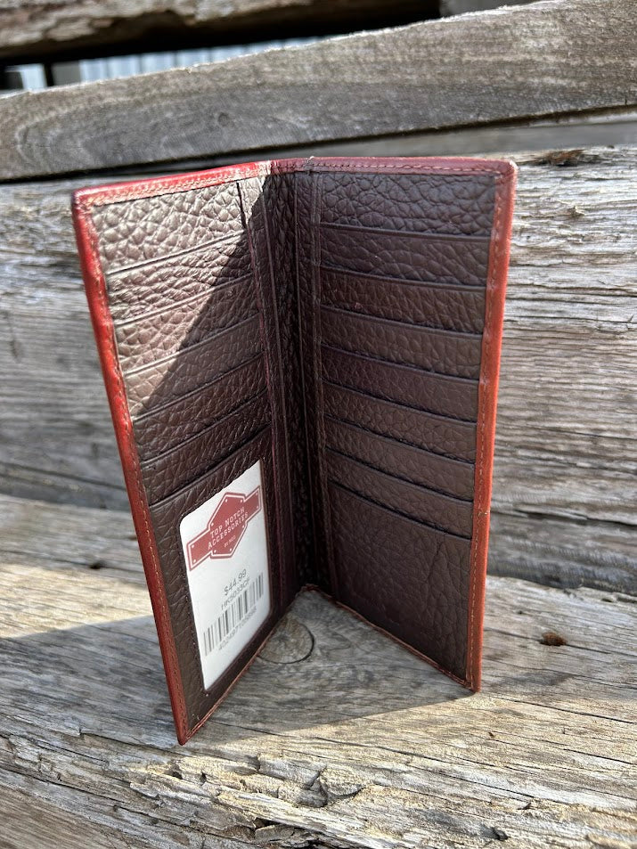 Coffee Brown basketweave leather tall wallet with a Star Concho on a cowhide inlay.  Inside view showing multiple card slots and a ID window. 