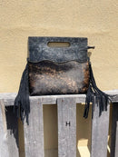 Black tooled leather and cowhide fringe bag. Front View H